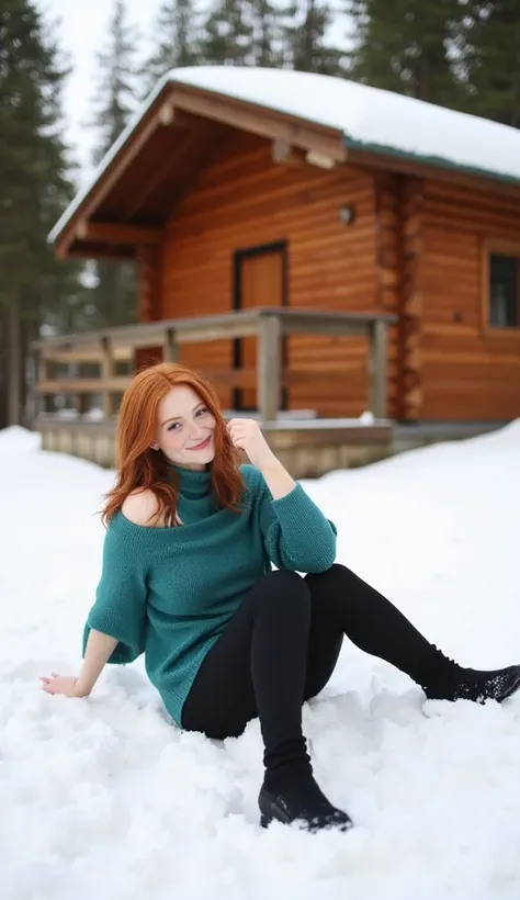 Breathtaking medium shot photography of a young woman sitting on a snow-covered ground in front of a wooden cabin. She is wearing a teal green long-sleeved turtleneck top  and black leggings. She has long red hair and is wearing black thigh-high boots. The...