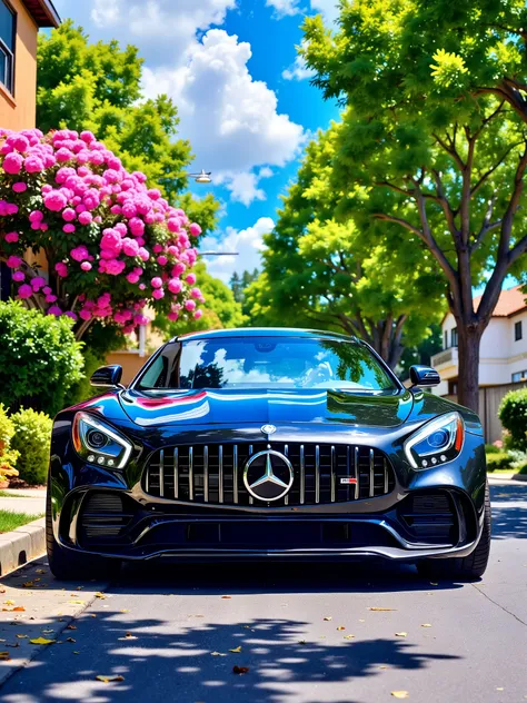 Black mercdies AMG GT parked on a suburban street.
Details:
Car:
The car is the focal point, showcasing its sleek design and aerodynamic features.
Setting:
The street is lined with houses and trees, creating a peaceful neighborhood atmosphere.
Lighti...
