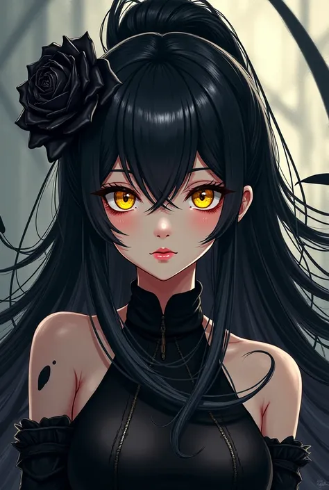  game illustration , Black hair bundle,  Yellow Eyes ,  cool, elegant, Oil, nobility,  Black Rose ,  dress