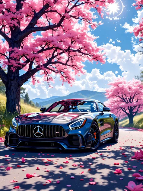 A sleek, dark gray Mercedes-AMG GT Black Series parked on a road scattered with fallen cherry blossom petals, with a large, vibrant cherry blossom tree in full bloom as a backdrop, set against a bright, slightly cloudy sky. The scene is bathed in soft, nat...