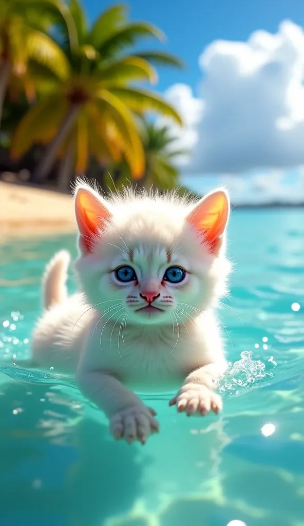 A highly detailed, ultra-realistic 4K image of a small, fluffy white kitten with bright blue eyes swimming alone in the clear turquoise ocean near a tropical beach. The kitten’s fur is slightly damp, with tiny water droplets glistening in the sunlight. Its...