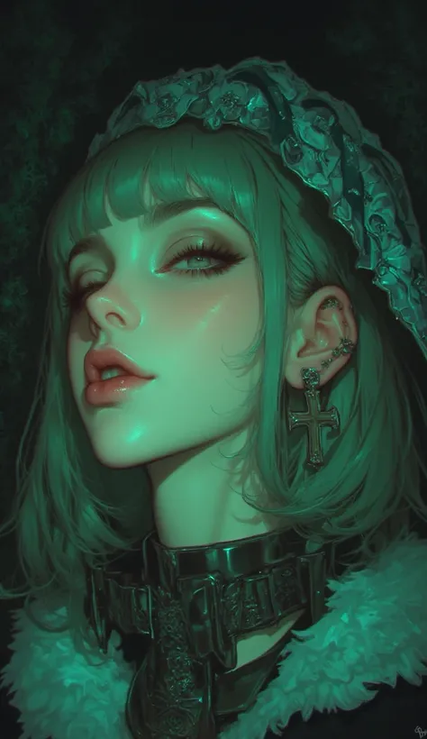 Blue-green eyed woman ,  with short green hair with bangs and half pink lips