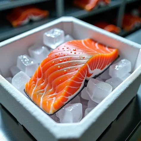 “Ultra-realistic top-down view, 8K resolution. Fresh chilled salmon fillet with vibrant orange-pink flesh and silver skin, lying on clear ice cubes in an open white polystyrene foam box. Hyper-detailed textures: glistening fish surface (moist, glossy), ice...