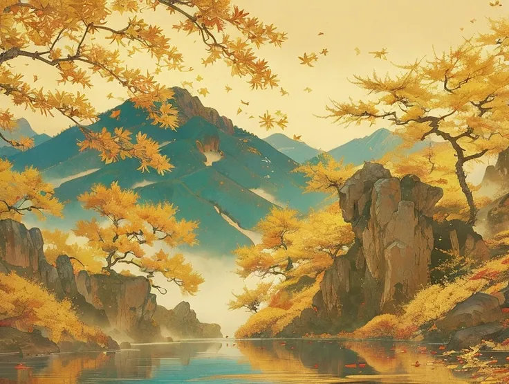 In the golden autumn, the maple leaves all over the mountains are as gorgeous as fire. A clear stream flows through the mountains. There are several ancient pine trees by the stream, and in the distance, there is a faintly visible ancient village.