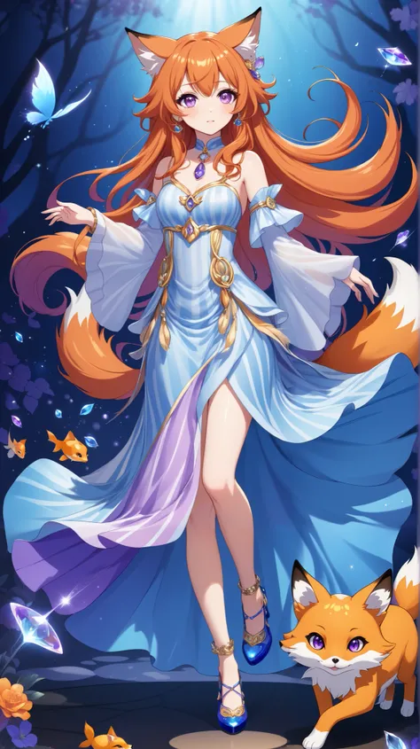 A full-body illustration of a virtual idol anime character. She has a human body, 168cm, a plump figure and red fox ears, long red curly hair...and orange hair color starting from the middle. Goldfish accessories: amber gold eyes, nails: slender golden nai...