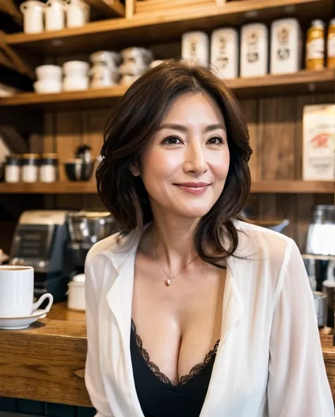 8k、 high quality、 realistic photo images、45 years old、 Japanese woman、 Raise the corners of your mouth ,  facial wrinkles, 鼻筋の通った beautiful face, 
 her face is facing here, ( cleavage),  slightly smiling , ( cafe clerk ),  blouse,  inner camisole , White i...