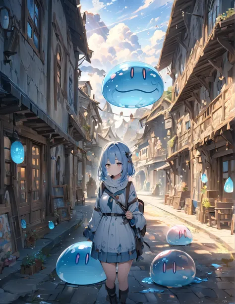 (( style:Colored pencil,Light color))、(Anime)、( Masterpiece:1.2),  Atmospheric Perspective , lens flare、Slime and girl 、 fantasy world 、 cute、Charming slime 、 Traveling Girl 