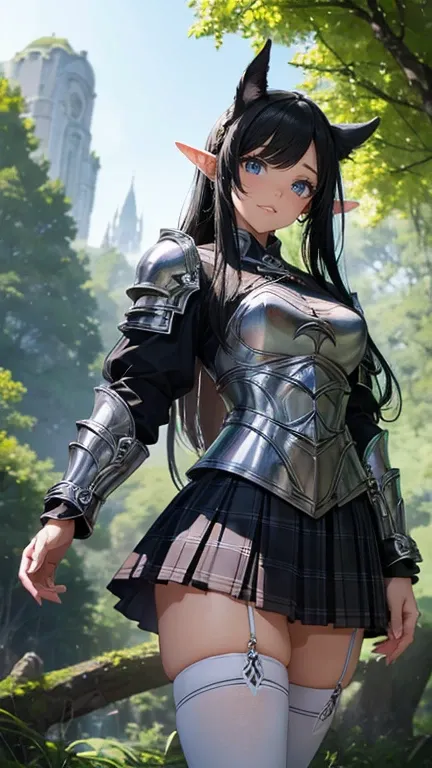 very cute and beautiful girl,(highly detailed beautiful face),white leather armor,ribbon,(pleated plaid armored mini skirt),
standing,(skirt lift,white panties),(smile),blush,looking at viewer,black hair, elf ears, mystical woods,
(best quality,masterpiece...