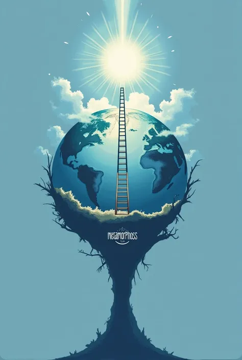 A logo that has a world with a ladder to heaven and says Metamorphosis for the world