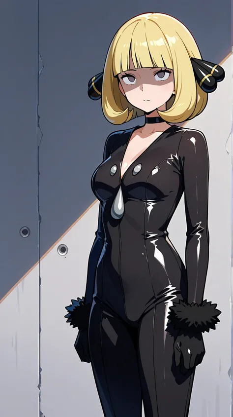 Cynthia(pokemon),neutral, expressionless, standing, looking at viewer, (((blunt cut, bob, blunt bangs, bob cut))), wiry, gloves, choker, bodysuit,cowboy shot,Shaded face, rolling eyes, no pupils, 1girl, solo,blonde hair 