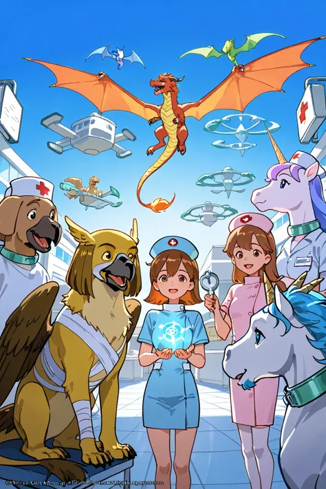 fantasy, animal hospital, group photo, magic, veterinarian, nurse,doctor, dragon, unicorn, griffon, treatment, bandage, cast, warm atmosphere, protective collar, magical emblem, blue sky, floating islands, hospital, cheering pose,