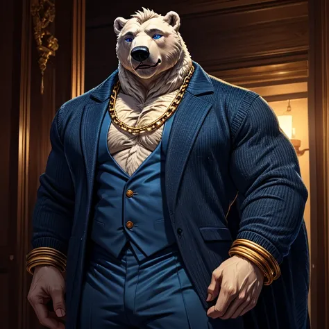 Koslov ( Tall and big polar bear with blue eyes),  man bodyguard, mobster style navy blue costume ,  black sweater, Golden chain ,  Fully dressed  