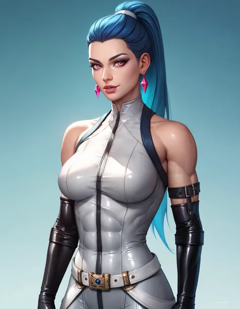 female white sleveless latex bodysuit with belt, white belt, racerback, bare shoulders, long gloves, toned arms, beautiful faces, blue ponytail with showing forehead, long ponytail, earrings, soft smooth skin, pale skin, blue background, pink eyes, sci-fi,...