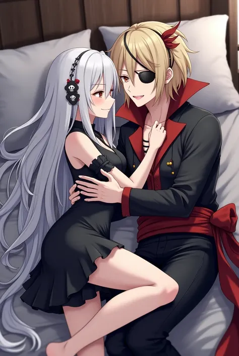  Very elegant pirate room. Anime vampire girl ,  very long white hair , Sleeping on a bed wearing a short black dress. Anime pirate boy with long blond hair,  large honey brown eyes and eye patch.  strokes one of her legs while hugging her. He smiles myste...