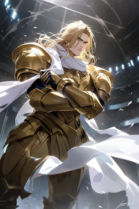 In an arena environment ,  a man wearing gold armor ,  with a very sturdy body ,  he has a white scarf around his neck that covers his lips, His hair is long light purple in an imposing pose 