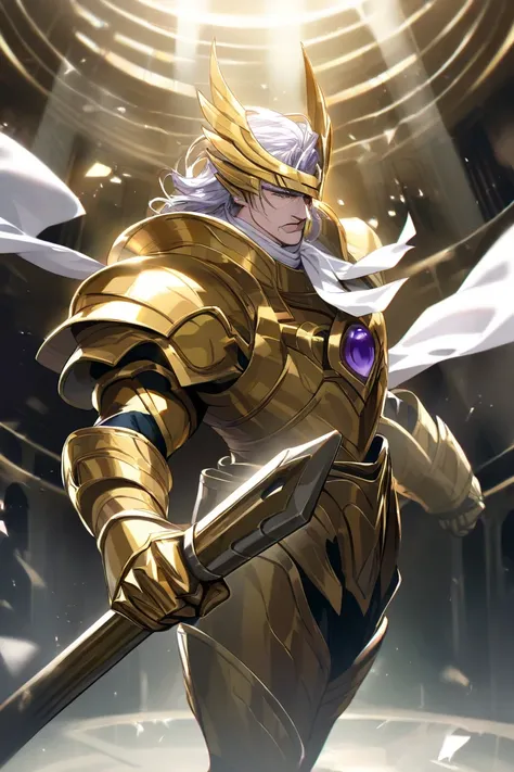 In an arena environment ,  a man wearing gold armor ,  with a very sturdy body ,  he has a white scarf around his neck that covers his lips, His hair is long light purple in an imposing pose 