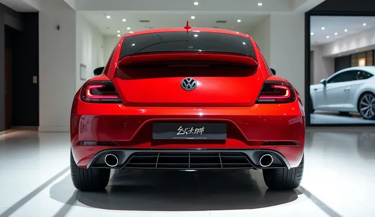 Back view of painted red with shiny clour  2026 VW Super Beetle  sleek in large shape sedan in large size with VW Super Beetle  logo on its large detailed grille in shiny black clour with angular sporty design captured from close back view with modified sl...