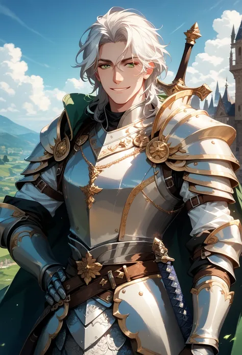 (Masterpiece), best quality, highest quality, highly detailed CG unity 8k wallpaper, original, high resolution, fidelity: 1.3, male, medieval fantasy armor, hero type, white hair, green eyes, tousled hair, white armor, swords at hip, smile, muscular, broad...