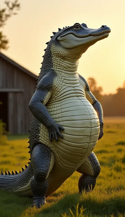 A tranquil rural farm scene during golden hour, featuring a massive, white-scaled, heavily pregnant hybrid crocodile standing alone in a lush, grassy field. The crocodile’s enormous, sagging belly is prominently visible, and its posture reflects fatigue, w...