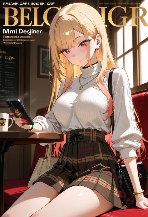 Marin Kitagawa, sitting at a refined indoor café booth, body angled diagonally away from the camera, lightly browsing her smartphone with a calm demeanor, looking down at the screen, long sleek blonde hair softly cascading, light pink ombre hair, red eyes,...