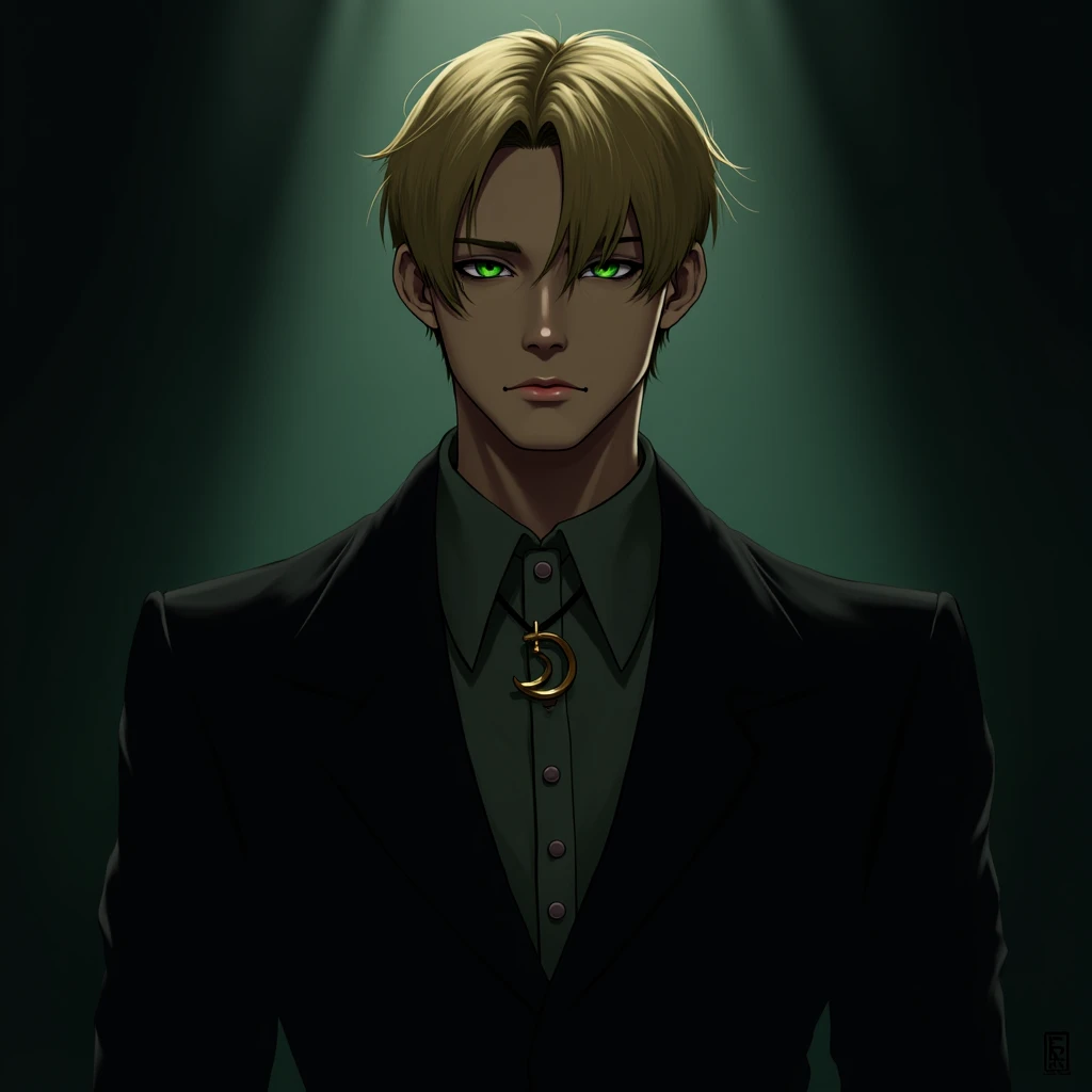 A guy, handsome, with a pendant on his neck. Handsome, muscular. NOT NAKED. In a uniform. With a wall neck.Blonde, green eyes. Short haircut. Angelic aura. Dark Academy. Dark Romance.