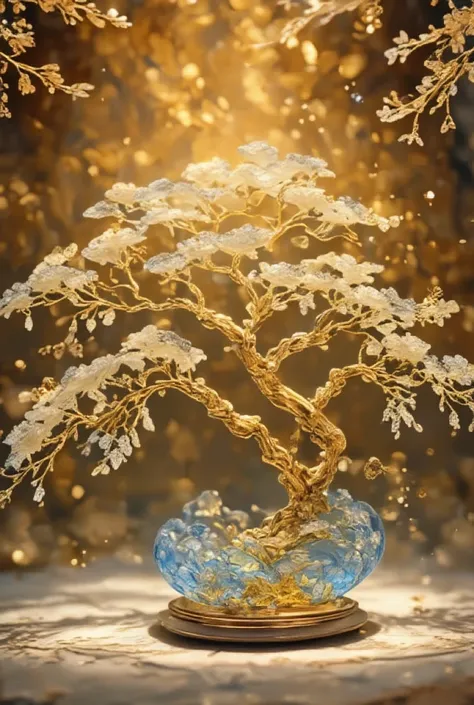  gold background ，A golden tree of fortune， radiating a golden glow ，Light particle effects，Light painting rendering ， noble, gorgeous, auspicious and festive style ，Water Ripples，Clear texture，Flow，Fairy tale fantasy，Medium shot，Gilt texture，Sprinkle gold...