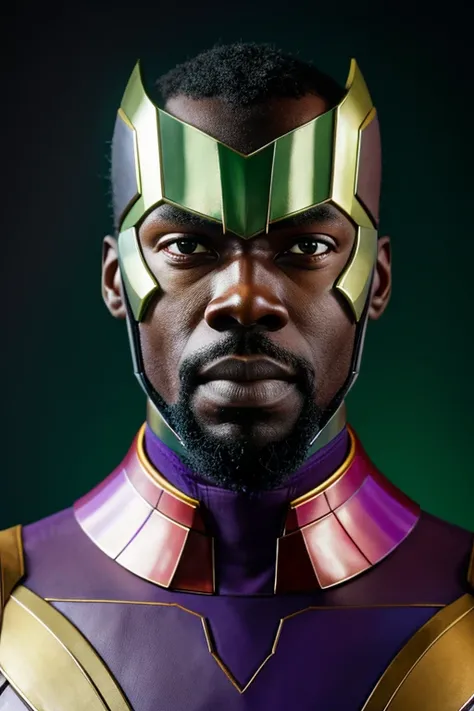 Colman Domingo as MCU Kang the Conqueror. Kang wears his iconic purple-and-green outfit. MCU setting. Great details. Symmetrical eyes. Symmetrical face. Photorealistic. Full-colored photo. Professional photo. Highly detailed 8K.