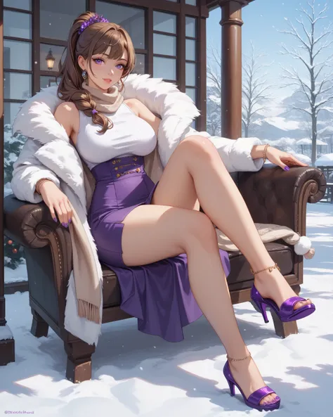 Virgo, 20 years,  purple eyes,  long brown hair ,  big breasts,  big booty, thick beautiful legs ,  white sleeveless shirt, short purple skirt,  Beautiful, Darling,  hair gathered in a ponytail, ankle bracelet, bare feet, purple manicure, purple pedicure, ...