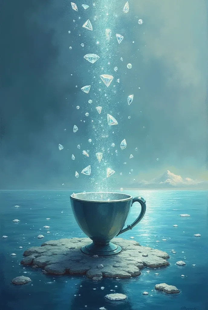 A painting where there is a beautiful landscape in a sea full of tears where tears fall from a cup and instead of being drops of water they are diamonds