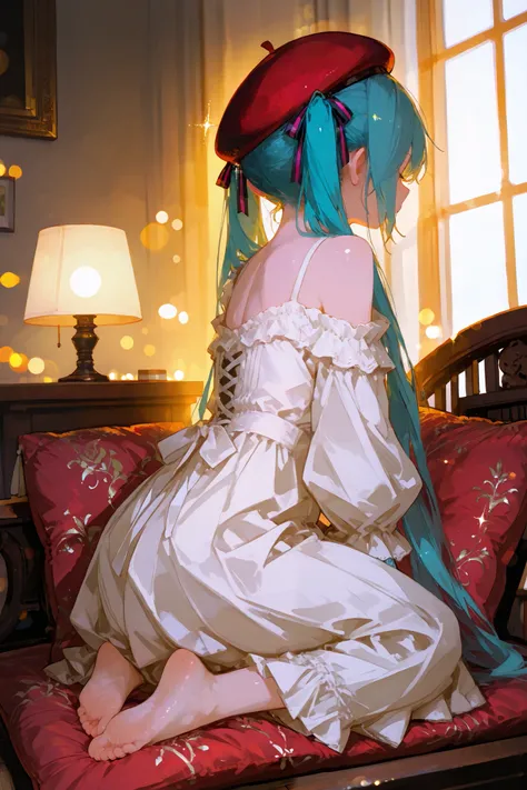 beautiful 1girl\(hatsune miku,seated in a seiza position, facing away while looking over her shoulder with a soft expression. She wears an elegant long dress with a vintage blouse and a beret, exuding a classic European style\), The setting is a cozy indoo...