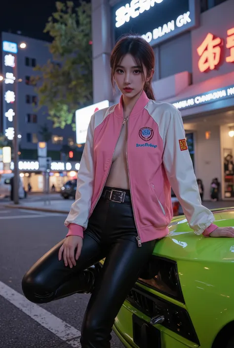 a pretty young Korean woman in pink and white racer jacket and leather pants, Sexy legs and medium breast, sitting on a neon green muscle car's hood, neon lights background bokeh, photorealistic, photorealistic IMAX, high-definition, 8K resolution, view fr...