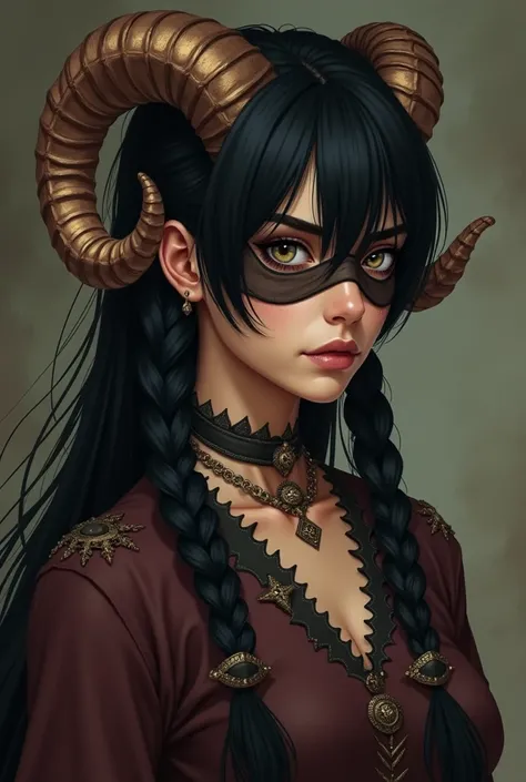 (( Middle Ages )),  female Tifflin , Reddish skin, magician, Ram&#39;s Horn, Broken left corner ,  dark hair , Super Tail, Scratch both sides ,  bangs with two braids on each side, White eyes，No stubble,  with a blindfold on the left eye ,  scar under eye ...