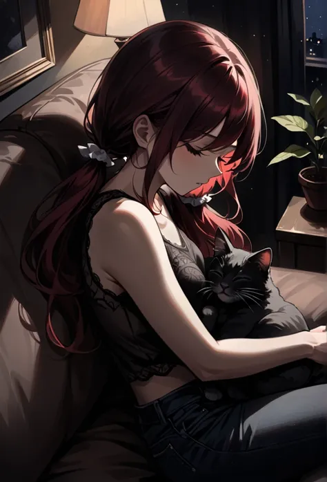 (masterpiece, best quality), solo, intricate details, JK, sleeping girl, from above, cat curled up and sleeping on girl’s lap, laying on couch, beautiful face,  ((closed eyes, Dark red hair, long swept bangs, long hair in low twin tails)), hair scrunchie, ...