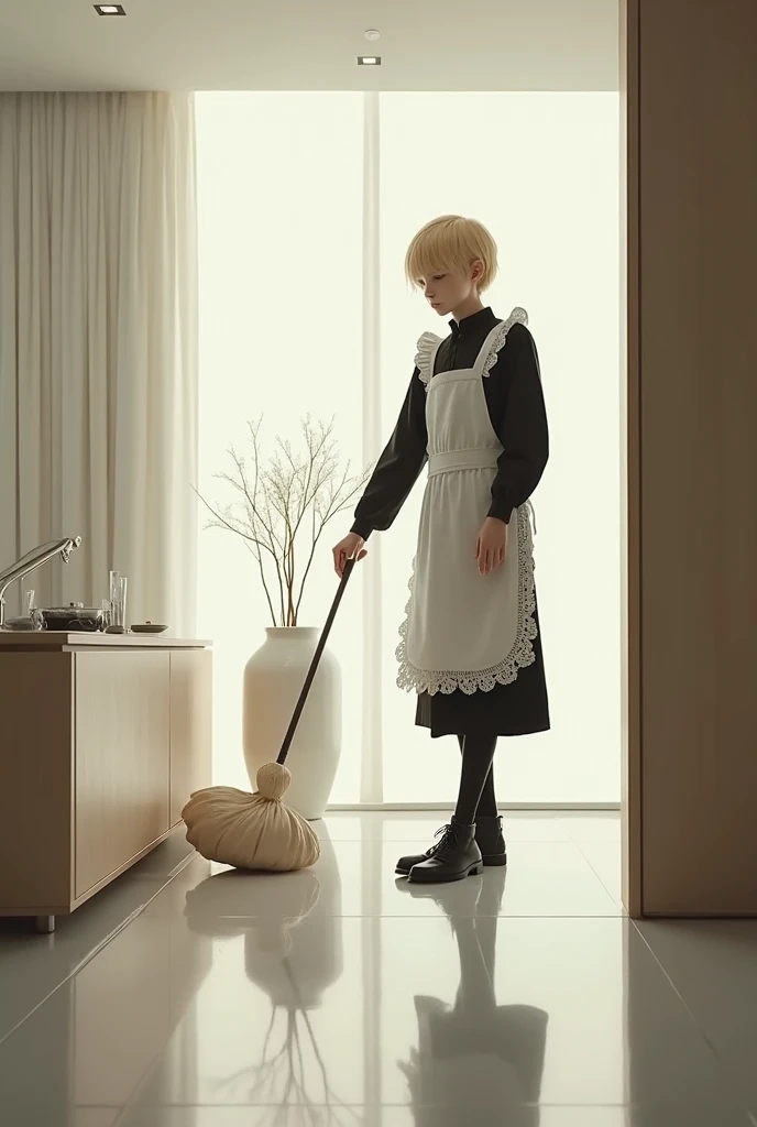 ( photorealism) Handsome skinny boy with blond short hair,  in a maid suit , cleans up a modern minimalist interior.  Subdued light .