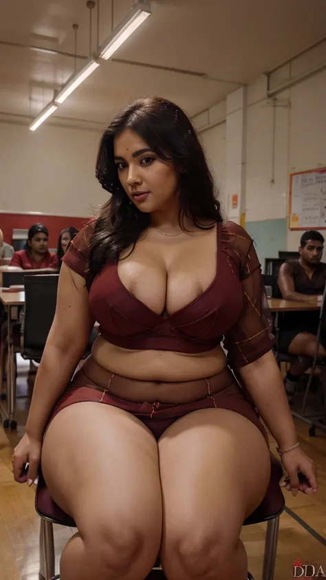 Class room scene, 26 year old very beautiful North Indian plus sized teacher in reflective maroon color saree and bra, sitting in the lap of a man in a class room, cleavage and thighs exposed,  giving a blowjob to a man, sitting on a chair, with a group of...