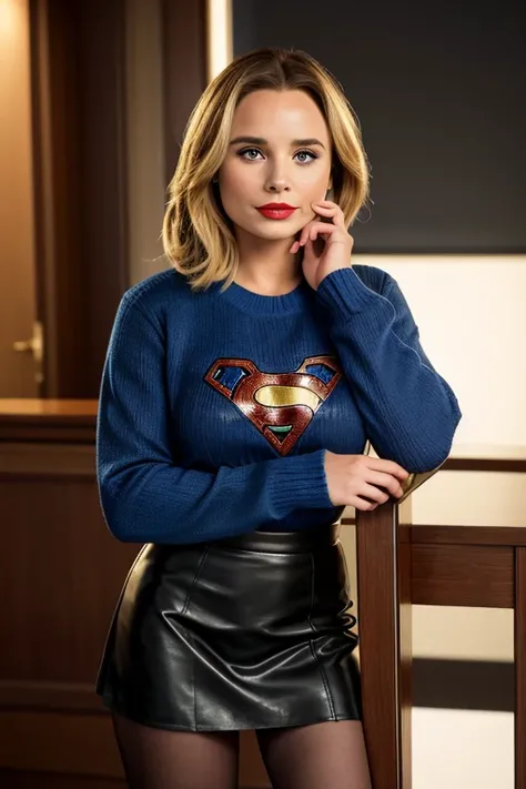 Leah Pipes as DC Comics' Cat Grant. Cat wears a sky-blue sweater and a black leather skirt and black high heels. Cat has lovely makeup on her face. Cat wears red lipstick. Cat looks cheeky and ambitious. Symmetrical eyes. Symmetrical face. Great details. P...