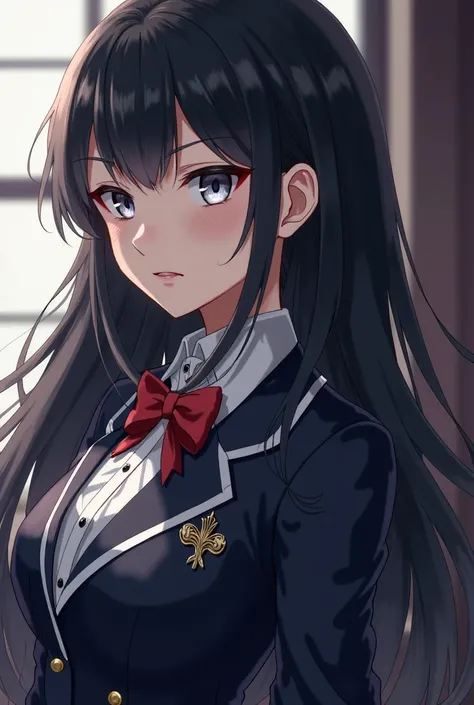 Dark-haired anime girl with Silver eyes wearing a noble school uniform, with a stern face