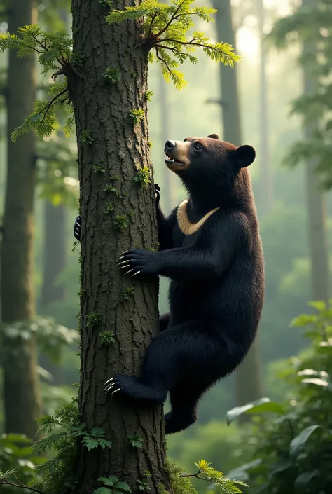 The real Sun bear climbe the tall tree in forest, 4k