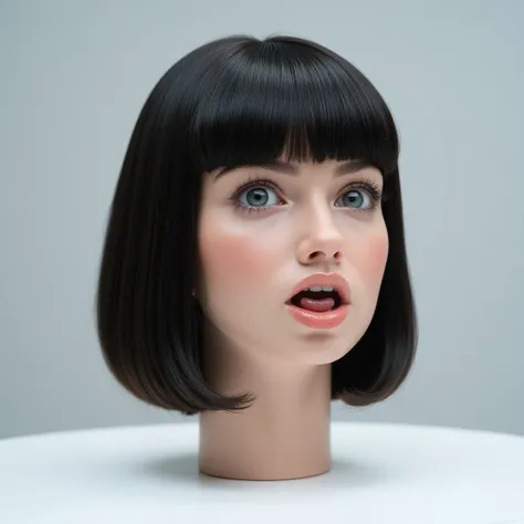 A beautiful, young, american woman's disembodied head stands on a white table, in a white room, in side view. She has beautiful, straight, thick, smooth, silky, shiny, dark ash, middle swapped bob hair with thick bangs. Her face is straight ahead, eyes up....