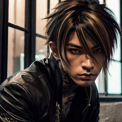 1 man, Japanese man, male, Asian eyes, muscular, broad shoulders, yakuza tattoos, hairstyle Visual Kei style, hair Visual Kei, black men's shirt and black pants, ultra detailed face and eyes, hyperrealistic, realistic representation, long hair, long hair, ...