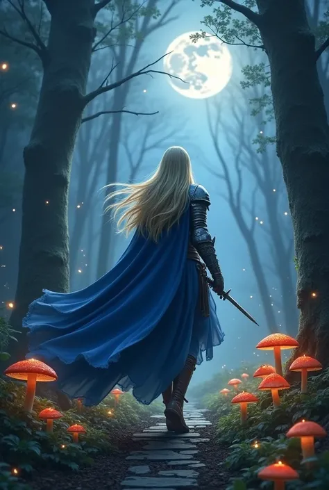 Blonde woman dressed in medieval warrior style with blue cape and hood, walking through a full moon forest with a path of mushrooms and fireflies all around her.His cape moves like a breeze.