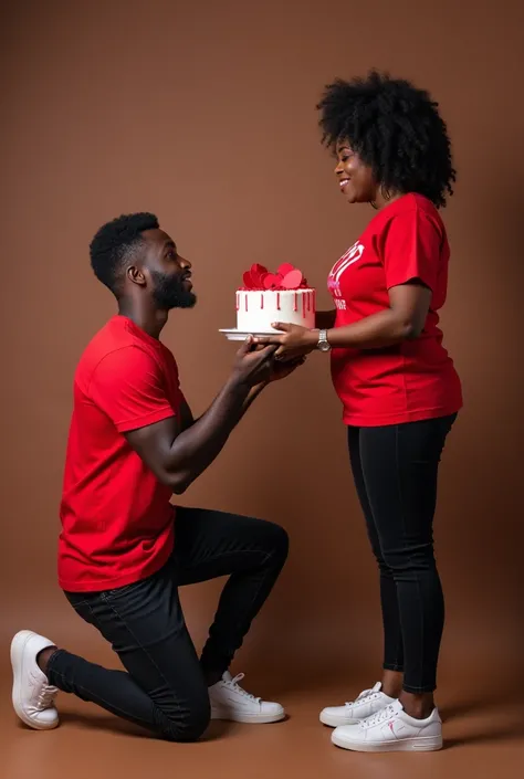 an real African man with real realistic eyes red t-shirt kneeling down with one knee  before a real African lady with real realistic eyes, red Valentine's t-shirt and black jeans, The guy hold a cake which look  like he is proposing to this lady. Remember ...