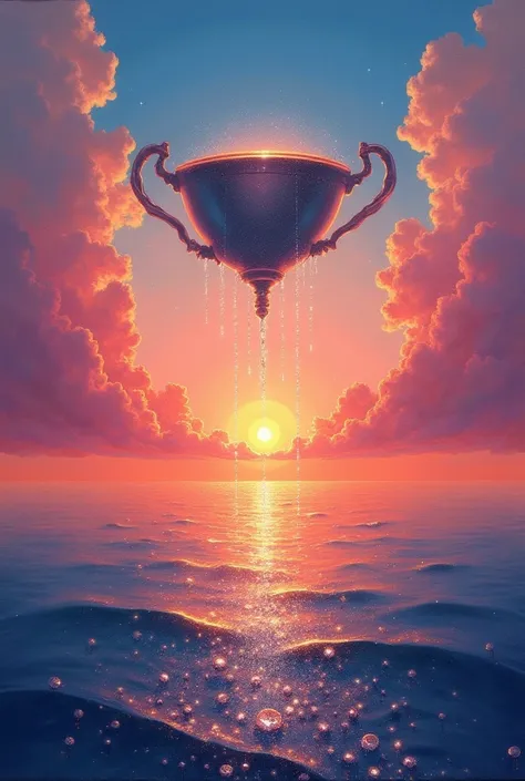 Painting showing a pink and orange sunset in a sea full of tears but instead of being drops they are diamonds falling from a tilted cup of the sky