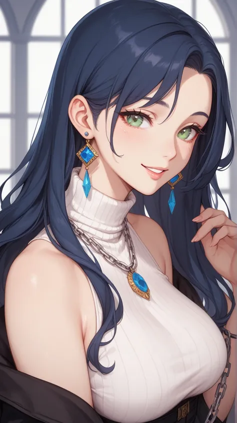 Older sister。Dark dark blue long hair 。Grey eyes。I'm wearing a white turtleneck。Breasts are slightly larger。 Smiling。A soft and gentle face。 adult woman。
A mole under the eye on the left。
whole body。
I'm wearing a chain earring。