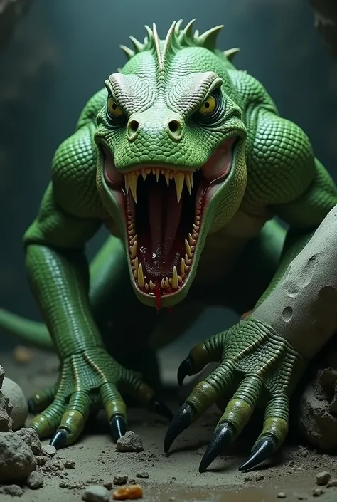 "A monstrous close-up of The Lizard, his sharp reptilian teeth bared in a feral snarl. His yellow eyes, filled with animalistic fury, are locked onto his prey. Drool drips from his fangs, and his thick, scaly green skin glistens under the dim light of an u...