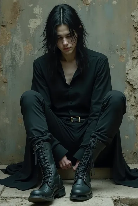 Young age man with white skin ,  long black hair and gothic style clothing ,  sitting and hanging on a wall with a sad expression