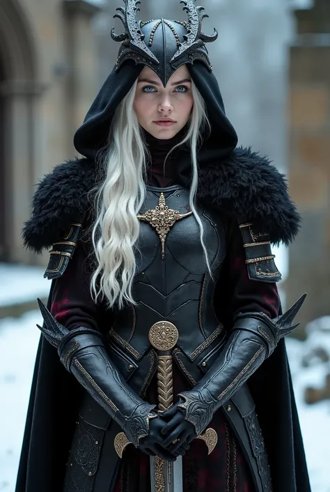 Create a Targaryen: long platinum hair, elaborate and luxurious armor with black details. Maybe a dragon inspired tiara, to capture the essence of House Targaryen.work of art, impressive of a woman khls,  wearing armor and a gothic portrait (helmet:1.2), B...