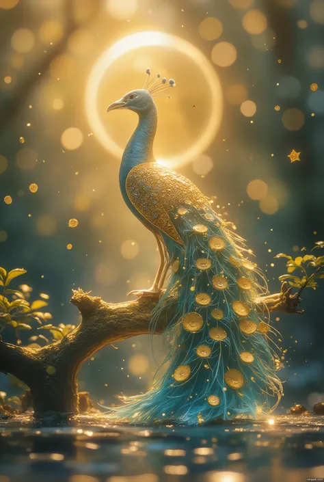  gold background ，A peacock stands on a branch ， beautiful feathers falling down， radiating a golden glow ，Light particle effects，Light painting rendering ， noble, gorgeous, auspicious and festive style ，Water Ripples，Clear texture，Flow，Fairy tale fantasy，...