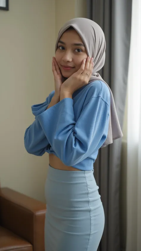 Realistic shot. 1 female, malay female, in a blue t shirt and thin long skirt, wearing a hijab, hijabi, perfect body. Cute smile. Perfect hourglass body. Very cute face. Slim girl with a soft face. In her living room. She is giving a shy girl vibe, long sl...