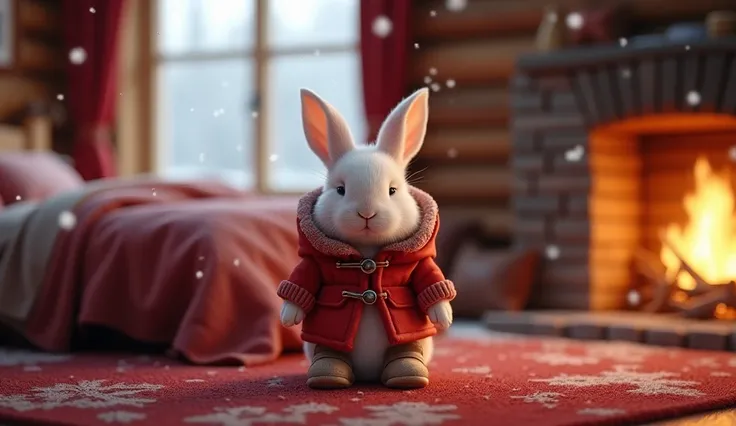 Hyper realistic Image of small pink Rabbit wearing traditional red winter jacket and winter Boots feels sleepy, full body,,  inside of wooden log house with red carpet, big fireplace and bed, windows shows snow falling outside, 